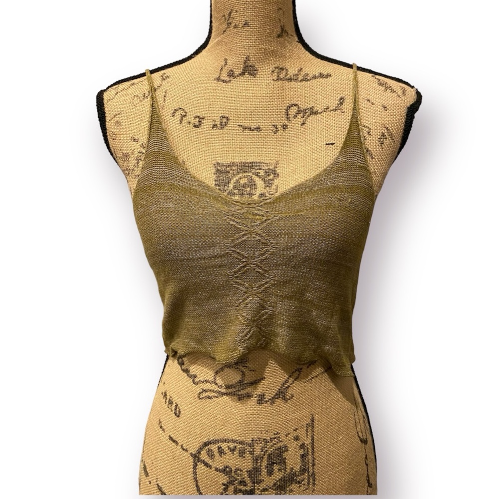 PICO VELA Linen Bamboo Knit Cropped Tank Top Pea Green Small